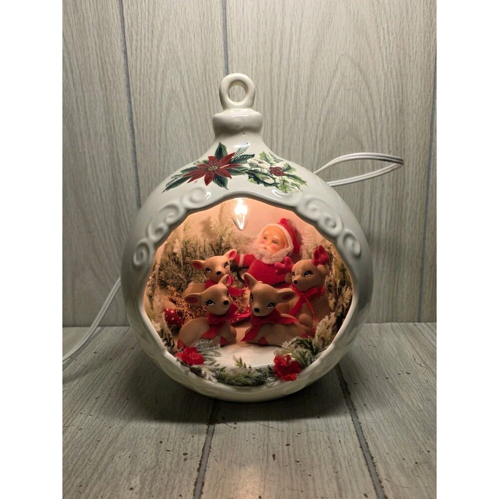 Vintage Handmade Christmas Ornament Lighted Diorama Old World Santa & Deer Large